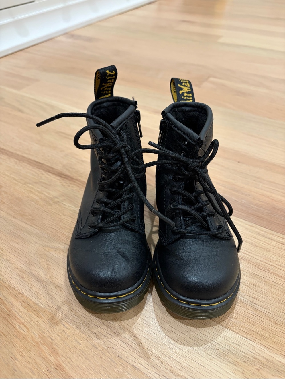Dr. Martens Kids Black Lace-Up Boots with Yellow Stitching 7T